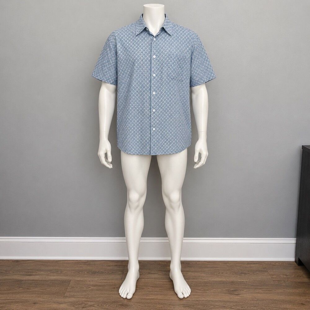 Vintage Silk Shirt Mens XXL Blue Geometric Print Silk Rayon Resort Hawaiian